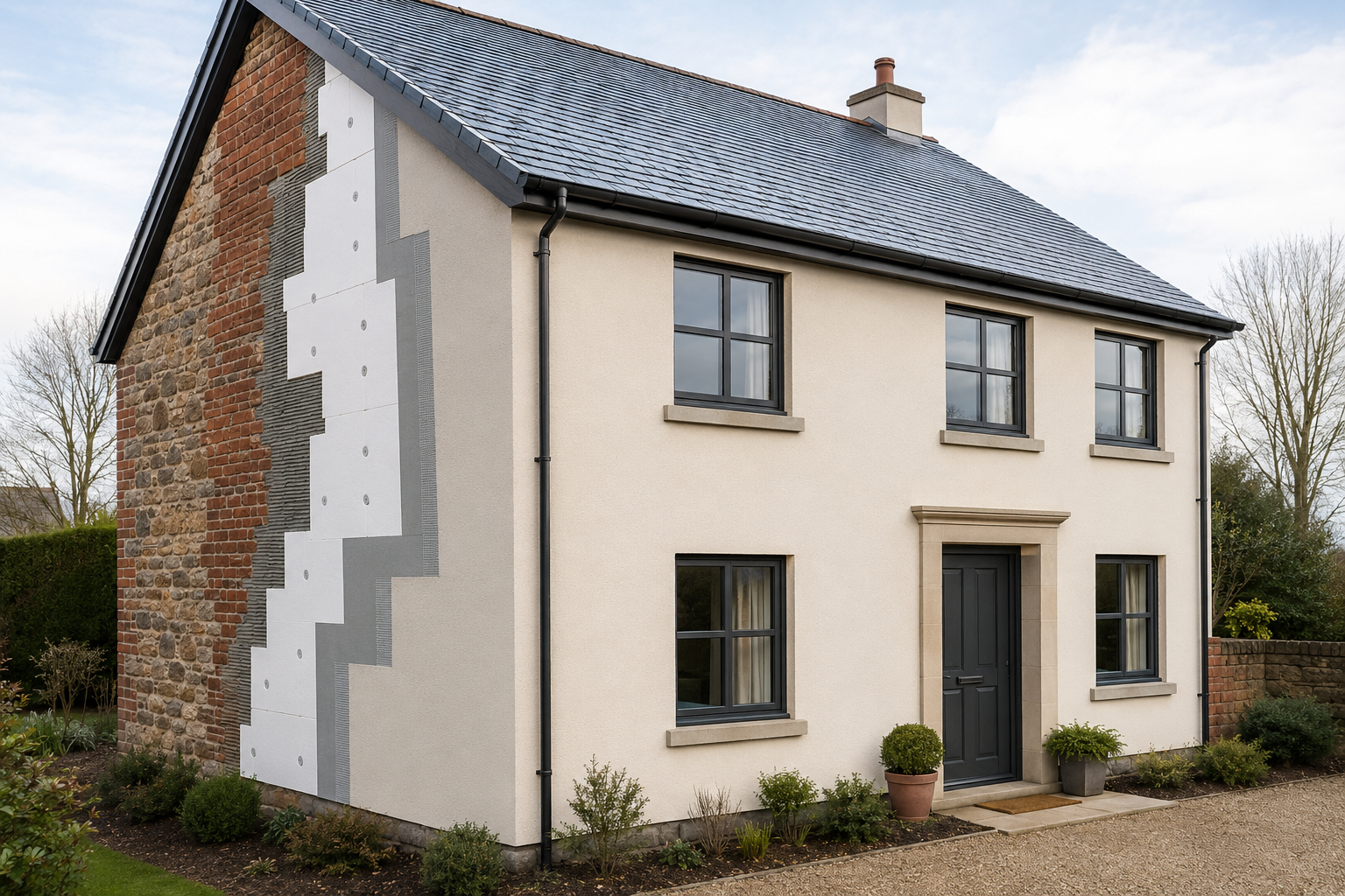 Cutaway view showing an external wall insulation system fitted to a British home